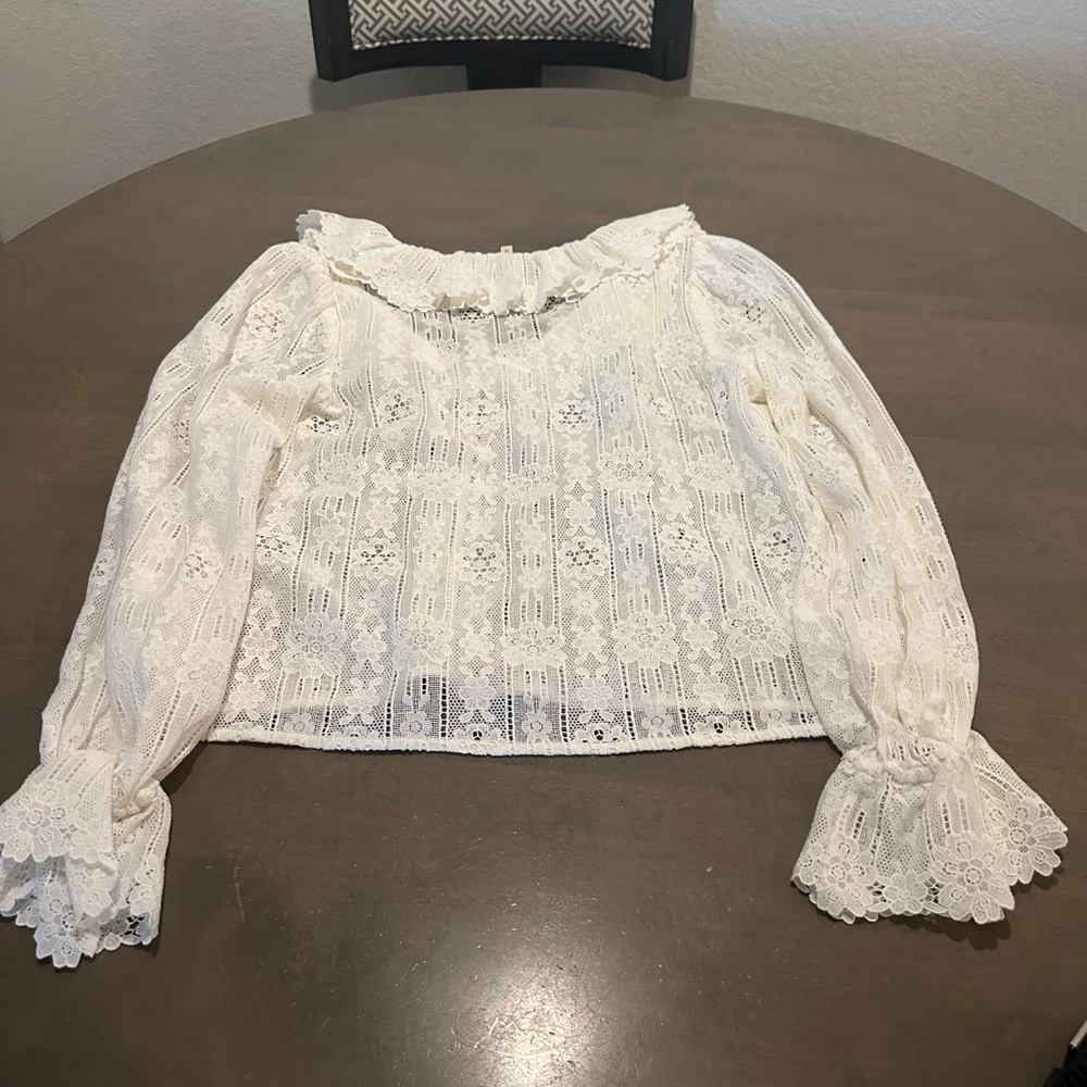 Women's White Lace Peasant Blouse - Romantic Long Sleeve Top